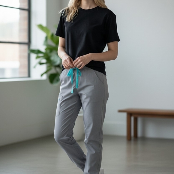 Figs Pants - Figs Gray Joggers with Teal Drawstring